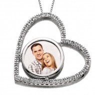 14k White Gold Diamond Heart Photo Pendant Picture Charm