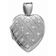 14k White Gold Premium Weight Hand Engraved Diamond Heart Locket