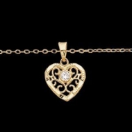 14K Yellow Gold FILAGREE HEART W CZ And 15  Chain