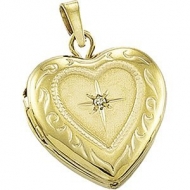 Solid 14K Yellow Gold Heart Locket W Diamond