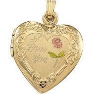 Solid 14K Yellow Gold Tri Color Heart Locket  With  I Love You 
