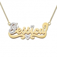 14K Gold  Double Plate Diamond  Script   Name Plate