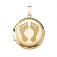 Solid 14k Yellow Gold Round  Baby Footprints  Picture Locket