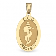 14K Gold Oval  God Protect  Medical Pendant