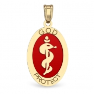 14K Gold Oval  God Protect  Medical Pendant W  Red Enamel