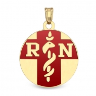 14K Gold Round  RN   Pendant W  Red Enamel