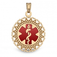 14K Gold Round Medical Pendant W  Red Enamel