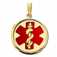 14K Yellow Gold Round W  Bezel  Medical Pendant W  Red Enamel
