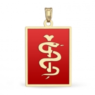 14K Gold Rectangle Medical Pendant W  Red Enamel