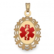 14K Gold Oval Medical Pendant W  Red Enamel