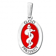 Sterling Silver Oval  God Protect  Medical Pendant W  Red Enamel