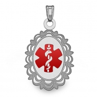 Sterling Silver Oval  Medical Pendant W  Red Enamel