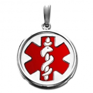 14K White Gold Round W  Bezel  Medical Pendant W  Red Enamel