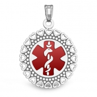 14K White Gold Round Medical Pendant W  Red Enamel