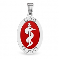 14K White Gold Oval  God Protect  Medical Pendant W  Red Enamel