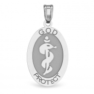 14K White Gold Oval  God Protect  Medical Pendant