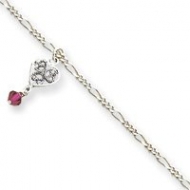 Sterling Silver Antiqued Dark Pink Crystals Dangling Hearts Anklet