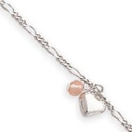 Sterling Silver Cherry Quartz   Dangling Hearts on Figaro Link Anklet
