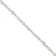 Sterling Silver Polished Freshwater Cultured Pearl   Heart Anklet