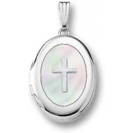 14k White Gold  Oval Mother of Pearl Cross Locket