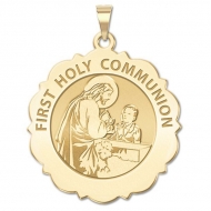 First Holy Communion Scalloped Round Medal  Boy   EXCLUSIVE 