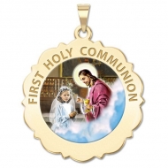 First Holy Communion Medal Scalloped Round   Girl   Color EXCLUSIVE 