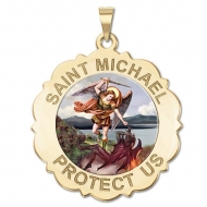 Saint Michael Scalloped Round Medal   Color EXCLUSIVE 