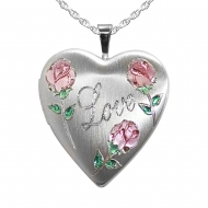 Sterling Silver Love Rose Heart Locket with Pink and Green Enamel