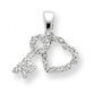 Sterling Silver CZ Heart   Key Fancy Charm Pendant