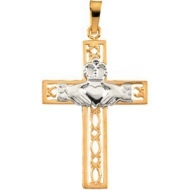 14K TWO TONE GOLD CLADDAGH CROSS PENDANT