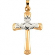 14K TWO TONE GOLD CLADDAGH CROSS PENDANT