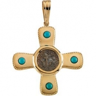 14K Yellow Gold TURQUOISE CROSS PENDANT
