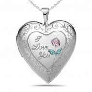 Sterling Silver  I Love You   Rose  Heart  Locket