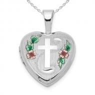 Sterling Silver  Cross with Enamel Flowers   Heart  Locket
