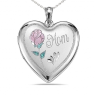 Sterling Silver  MOM with Enamel Flower   Heart  Locket