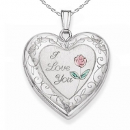 Sterling Silver  I Love You with Enamel Flower   Heart  Locket