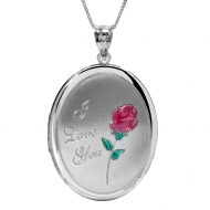 Sterling Silver  MOM  w  Enamel Flower  Oval Locket