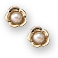14K Yellow Gold Children s Floral with Cultured Pearl Stud Earrings