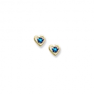 14K Yellow Gold Child s Genuine Blue Zircon Birthstone Heart Earrings