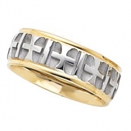 14k Two Tone 7mm Design Etched  Crosses  Wedding Band