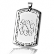 Stainless Steel Dog Tag Pendant w  Cubic Zirconia Border