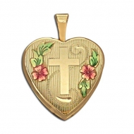 14K Gold Filled Yellow  Cross  Heart Locket w  Enamel