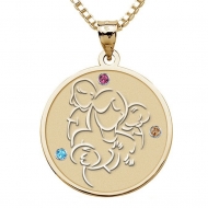 Mother with Daughter and Two Sons   with Birthstones Round Pendant