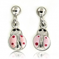 Sterling Silver Enamel   Pink Ladybug   Earrings