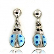Sterling Silver Enamel   Blue Ladybug   Dangle Post Earrings