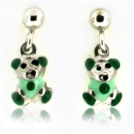 Sterling Silver Enamel   Green Teddy Bear   Dangle Post Earrings
