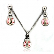 Sterling Silver  Pink Ladybug  Necklace and Earrings with Enamel Set