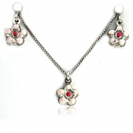 Sterling Silver   Flower   Necklace and Earrings with Enamel Set