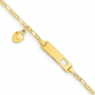 14k Yellow Gold 6 inch Figaro w Dangling Heart Baby Child ID Bracelet