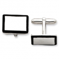 Rectangle Shaped Sterling Silver W  Black Enamel Engravable Cufflinks
